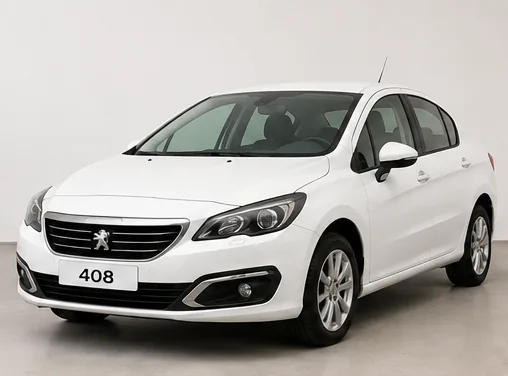 Peugeot 408 blanco de frente, tres cuartos.